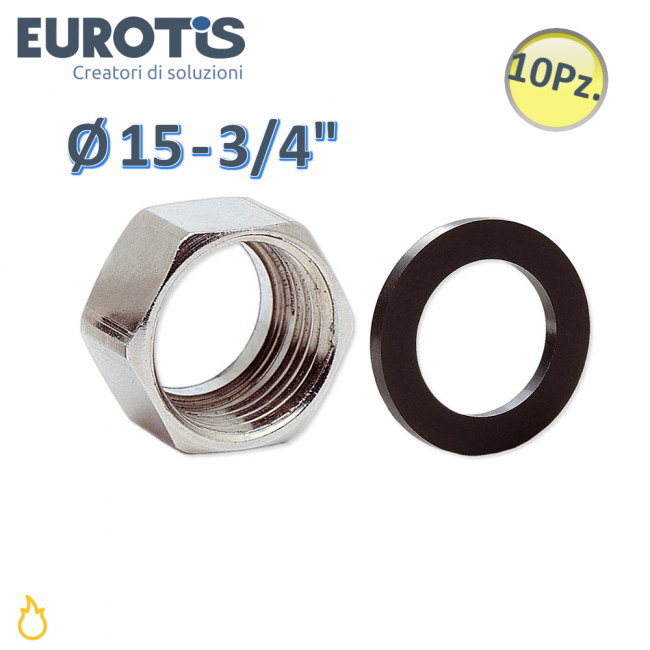 Lot de 10 écrous en laiton nickelé Ø 15 - 3/4'' avec siège spécial et joint NBR pour gaz - Eurotis
