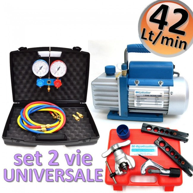 Pompe à vide monobloc 42 L + kit 2 voies + outil d'évasement par friction