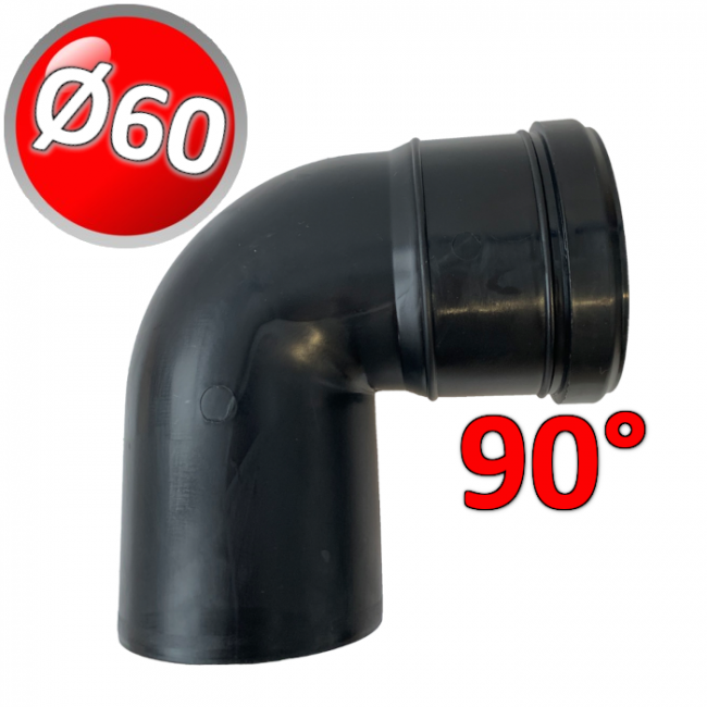 Coude à 90° mâle-femelle en PP noir Ø 60 mm pour gaz de combustion de chaudières à condensation