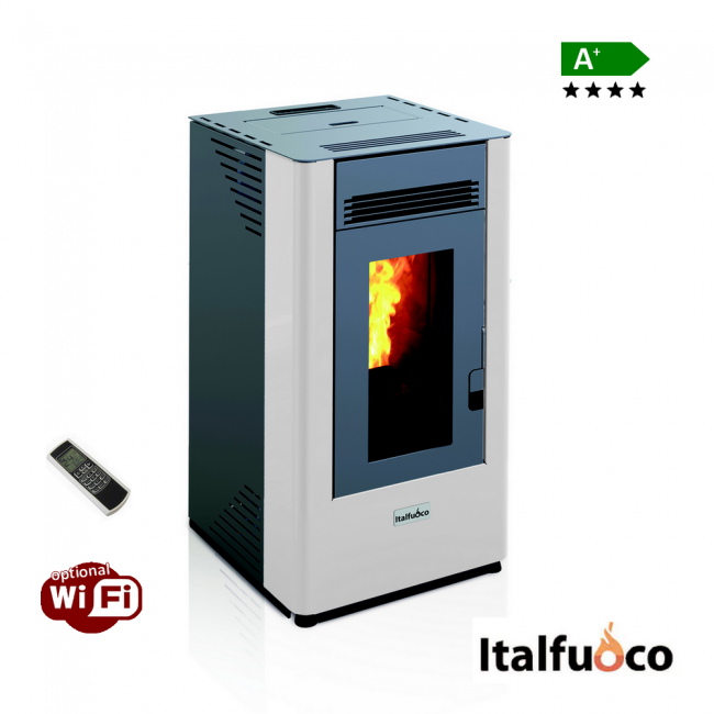 Poêle à granulés Italfuoco Acciaio, 9 kW, 200 m³, blanc, avec télécommande - DS.09BC