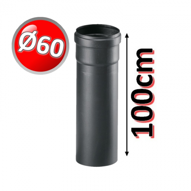 Tuyau linéaire de 100 cm en polypropylène noir, Ø 60 mm, pour les gaz de combustion des chaudières à condensation