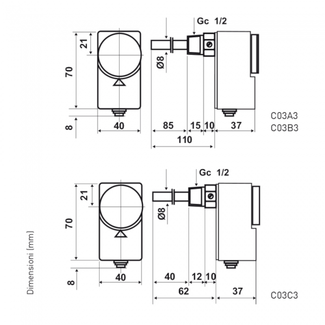 C03A3 - Thermostat à immersion, plage de température 10 ÷ 90 °C, avec gaine pour immersion dans le fluide à réguler.