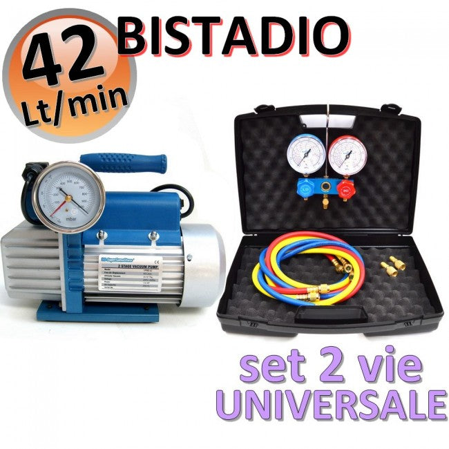 Pompe à vide bi-étagée 42 L + manomètre universel bi-voies