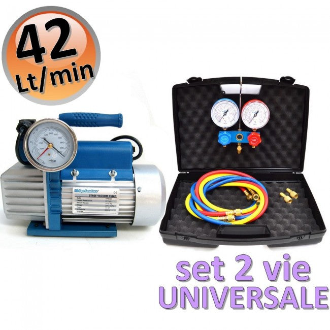 Pompe à vide monobloc de 42 L avec électrovanne + manomètre universel 2 voies