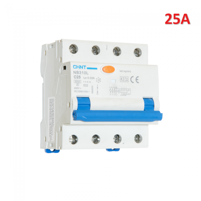 Disjoncteur différentiel compact triphasé + neutre NB310L/C25-3PN-6-AC30, 25 A, 30 mA, 6 kA, courbe en C, type AC, 4M