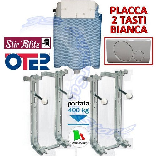 KITS SANITAIRES SUSPENDU AVEC SUPPORTS OTER ET CASSETTE STIR BLITZ, PLAQUE BLANCHE 2 BOUTONS