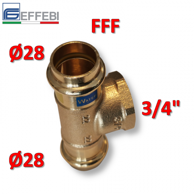 Raccord en T en bronze Ø 28 x F 3/4'' x 28 mm - UNIQUE raccord en cuivre à pression pour eau et gaz