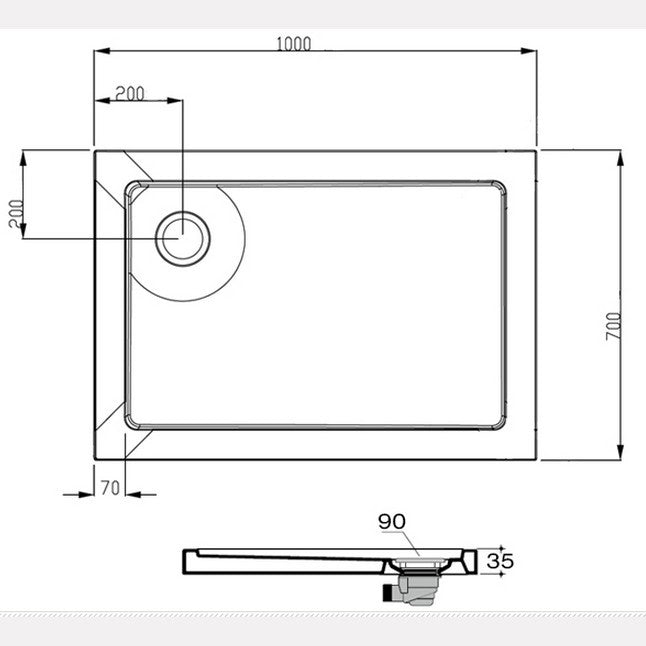 Receveur de douche rectangulaire en acrylique 70 x 100 cm - épaisseur ultra-plate 3,5 cm