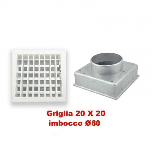 White adjustable air vent 20x20 cm with 80mm diameter adapter for fireplaces