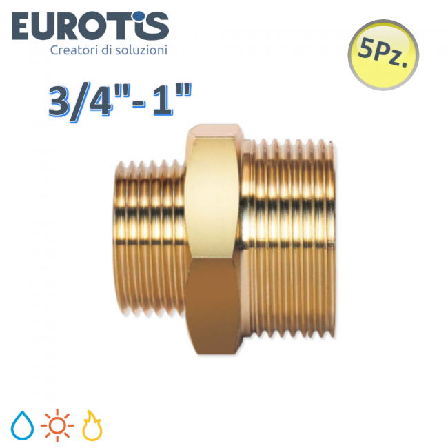 Lot de 5 raccords réduits Ø 15-20 | 3/4'' - 1'' M/M en laiton nickelé à extrémité plate pour chauffe-eau solaires et gaz - Eurotis