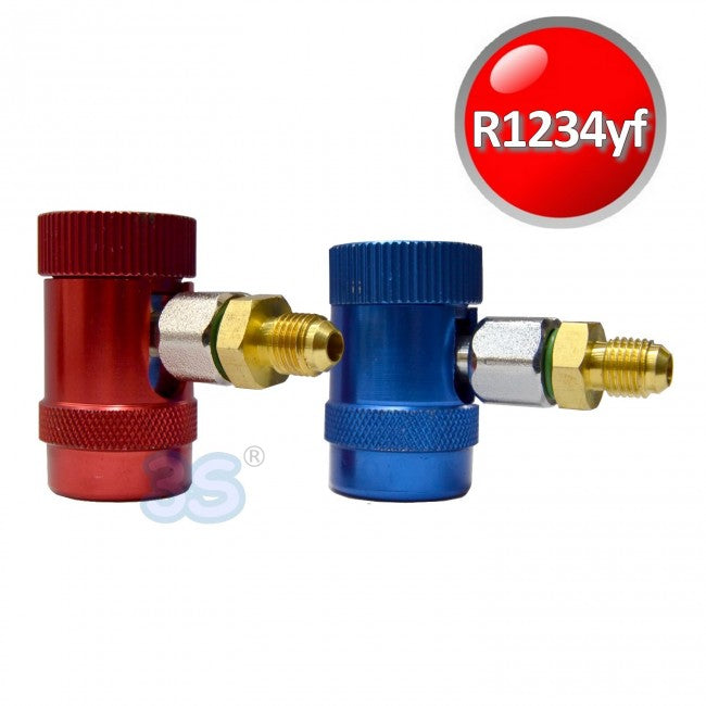 Pair of 90° high and low pressure quick couplers with valve for R1234yf gas