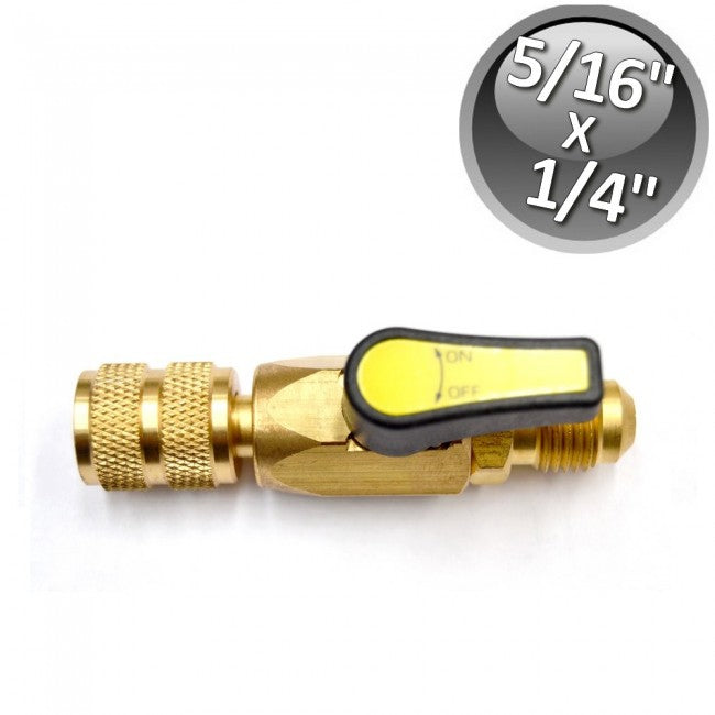 Vanne à bille pour gaz réfrigérant F 1/4'' x M 5/16'' SAE, volant jaune