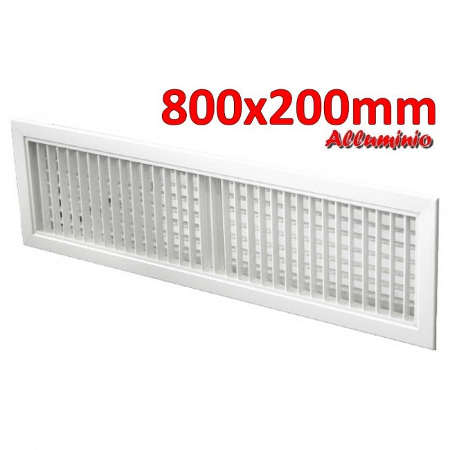 Grille de sortie d'air en aluminium blanc - 800 x 200 mm avec double rangée d'ailettes orientables
