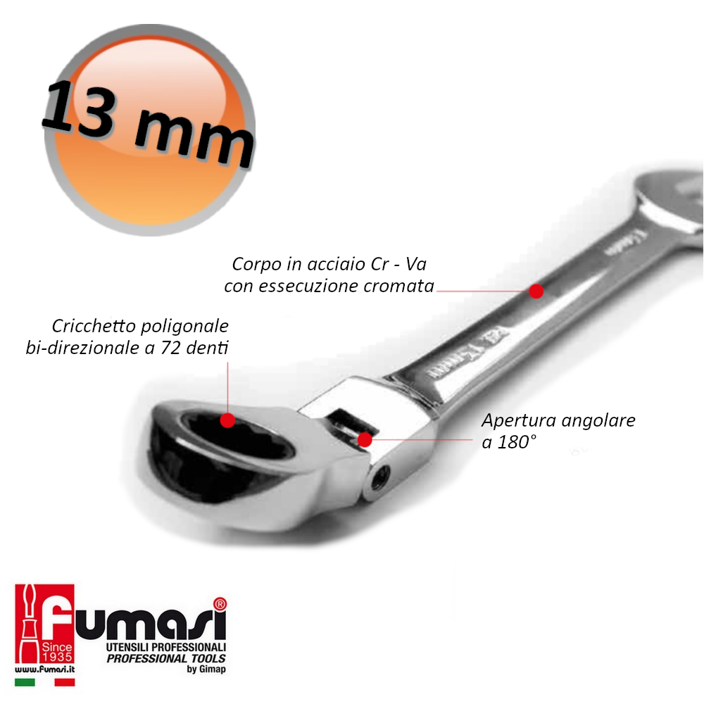 Clé mixte à cliquet réversible de 13 mm avec tête mobile à 180° - acier au chrome-vanadium