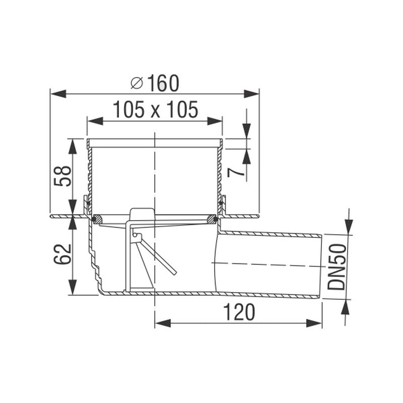 Siphon de sol, grille 105 x 105 mm, clapet anti-retour