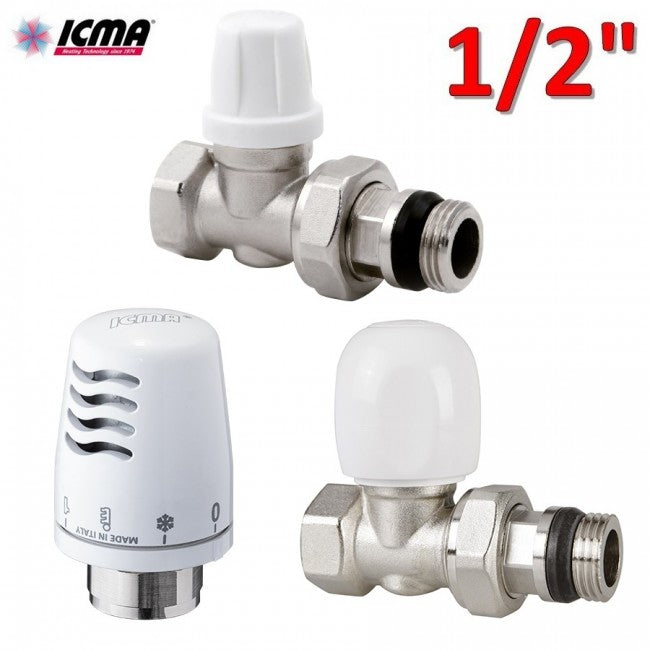 Kit thermostatique ICMA - vanne + support + tête thermostatique, raccord droit en fer 1/2''