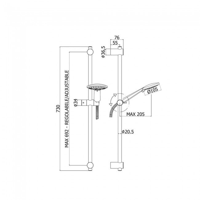 Barre de douche BRIO Paffoni, Ø 20 mm, longueur 730 mm - ZSAL194CR