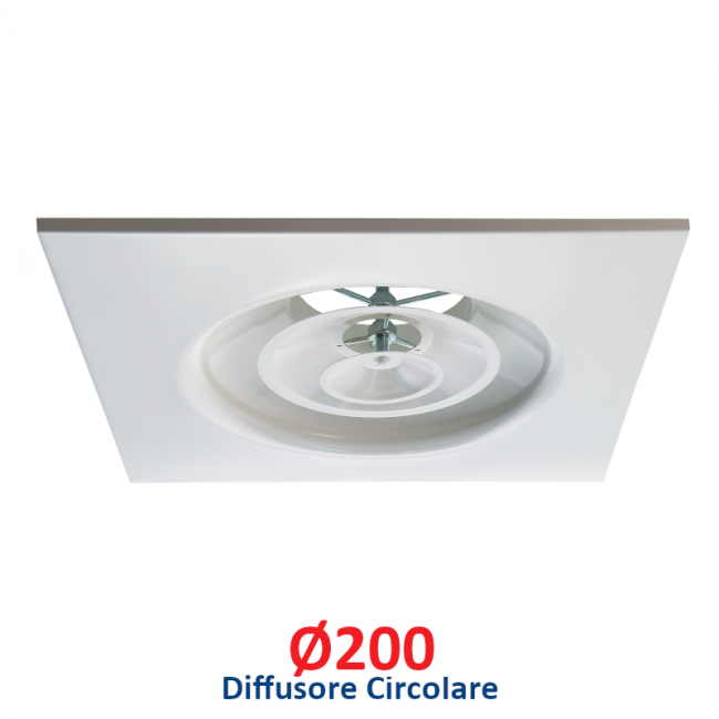 Diffuseur circulaire Ø 200 mm en aluminium blanc avec panneau 60x60 cm, avec registre réglable pour faux plafonds