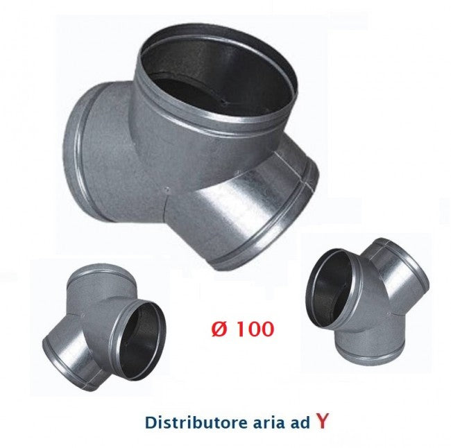 Raccord en Y, diamètre 100 mm. Distributeur d'air chaud, froid et de ventilation.