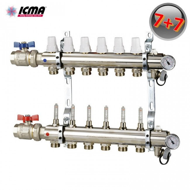 ICMA K023 Manifold 7 heating circuits 1'' brass with valves and flow meters