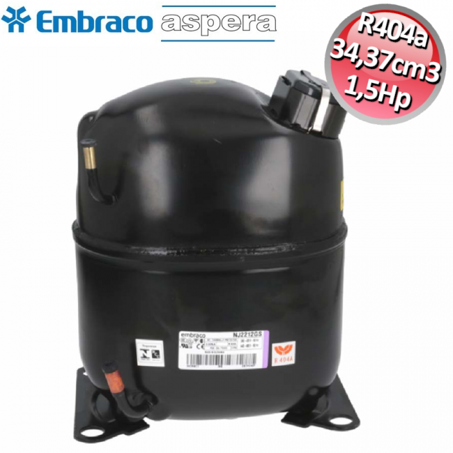 Embraco Aspera NJ2212GS Compressor R404A/R507 refrigerant gas with 1.5Hp compressor - CSR for refrigeration units