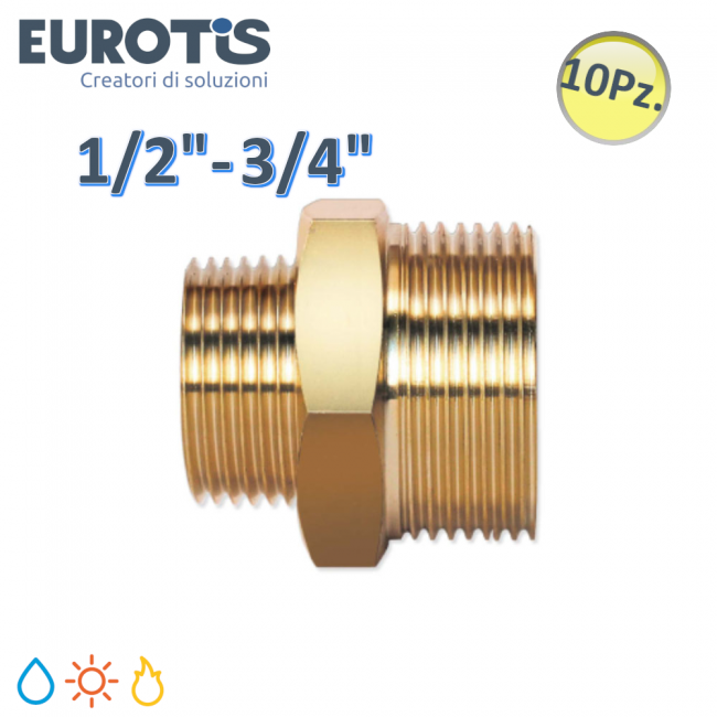Lot de 10 raccords réduits Ø 12-15 | 1/2'' - 3/4'' M/M en laiton nickelé à extrémité plate pour chauffe-eau solaires et gaz - Eurotis