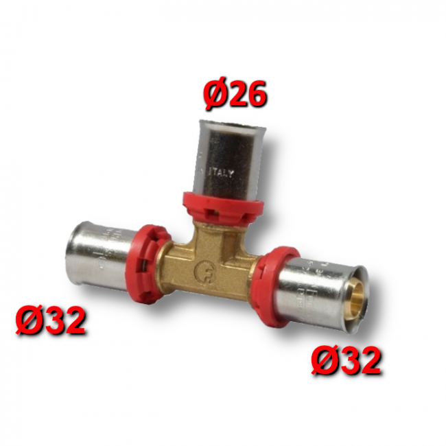 Tuyau multicouche à emboîtement forcé - Raccord en T réduit Ø 32 x 26 x 32 mm