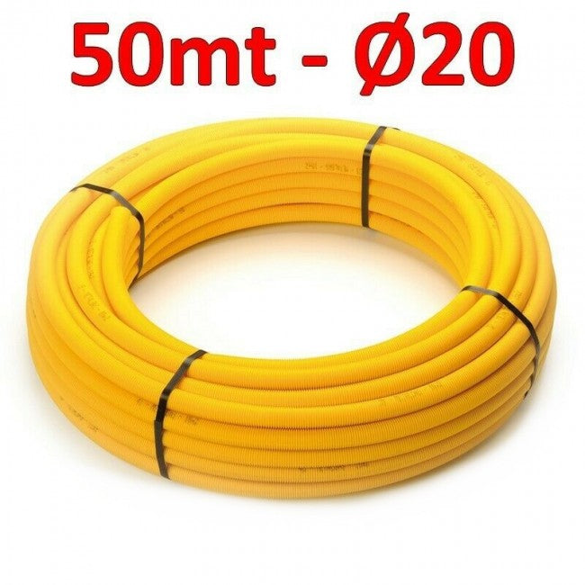 Tuyau à gaz multicouche Ø 20 x 2 mm pré-isolé avec gaine ondulée jaune - rouleau de 50 mètres