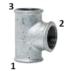 Galvanized malleable iron reducing tee 1'' x 3/4'' x 1'' F-F-F 90°