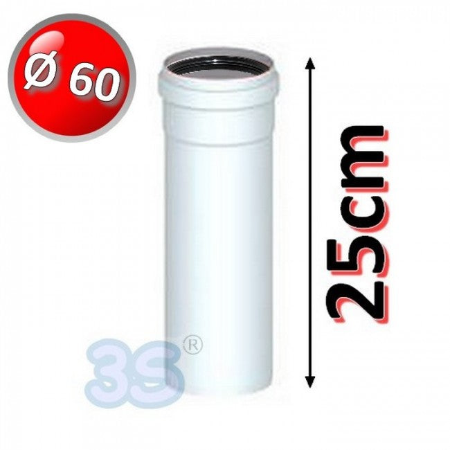 Tube linéaire de 25 cm en PPS blanc Ø 60 mm pour gaz de combustion de chaudière à condensation