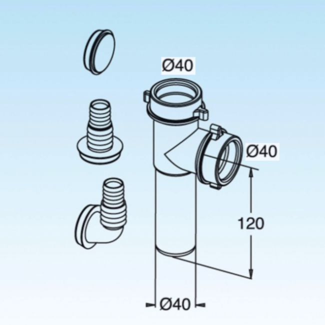 Raccord de siphon d'évier à 2 voies Ø 40 pour lave-vaisselle 120 mm