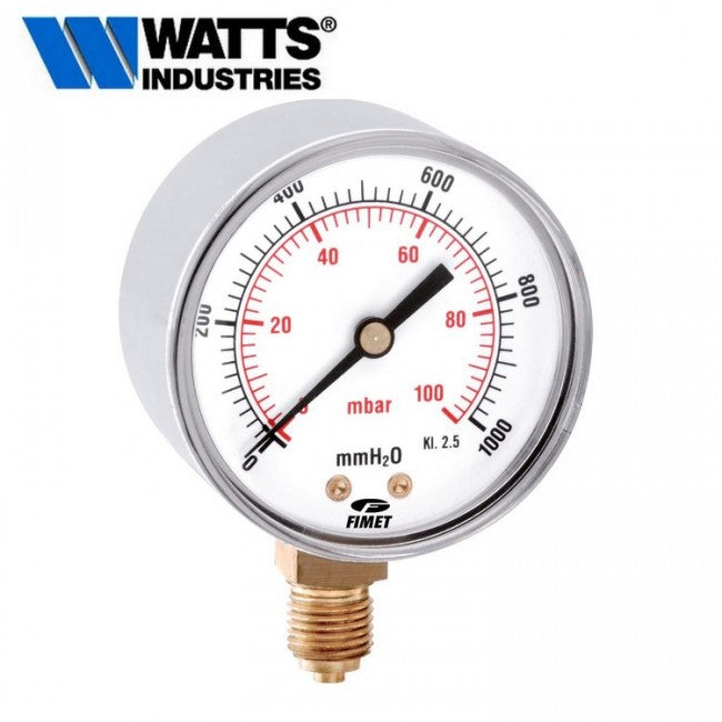 Manomètre à membrane WATTS 0-100 mbar, raccord radial DN 63, boîtier en acier chromé pour gaz
