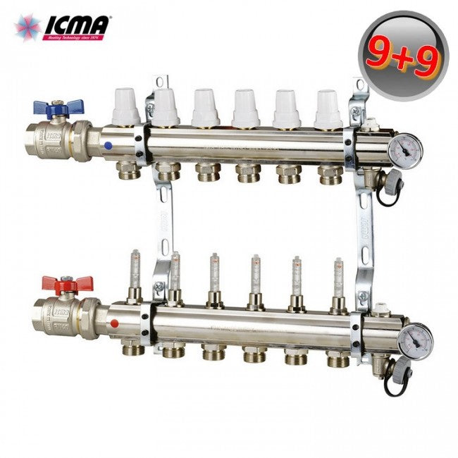 ICMA K023 Manifold 9 heating connections 1'' brass with valves and flow meters