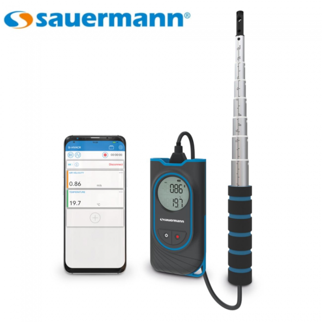 SAUERMANN SIVH3 - Thermomètre anémomètre à fil chaud sans fil avec sonde télescopique de 80 cm - Température -10 à +60 °C