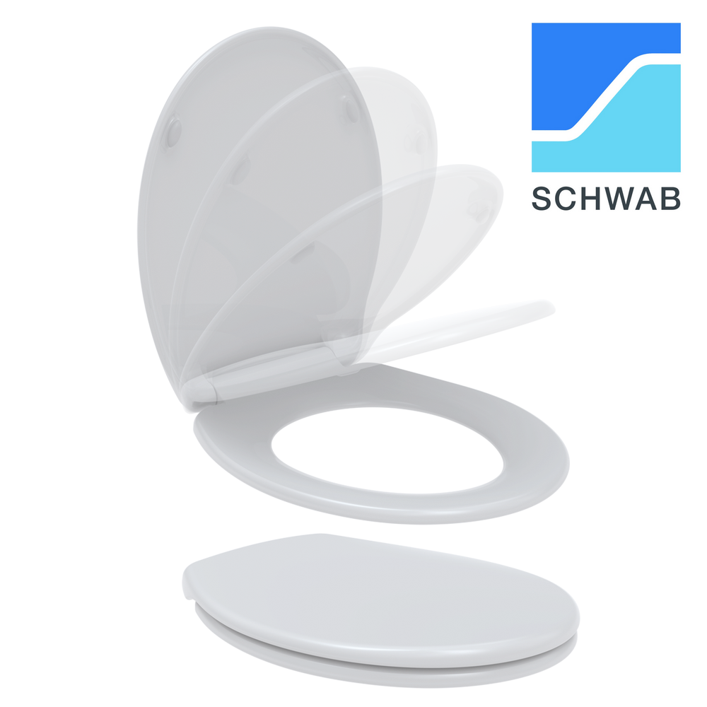 Abattant de toilette universel à fermeture amortie STAR SCHWAB, compatible avec les toilettes murales, sur pied ou suspendues.