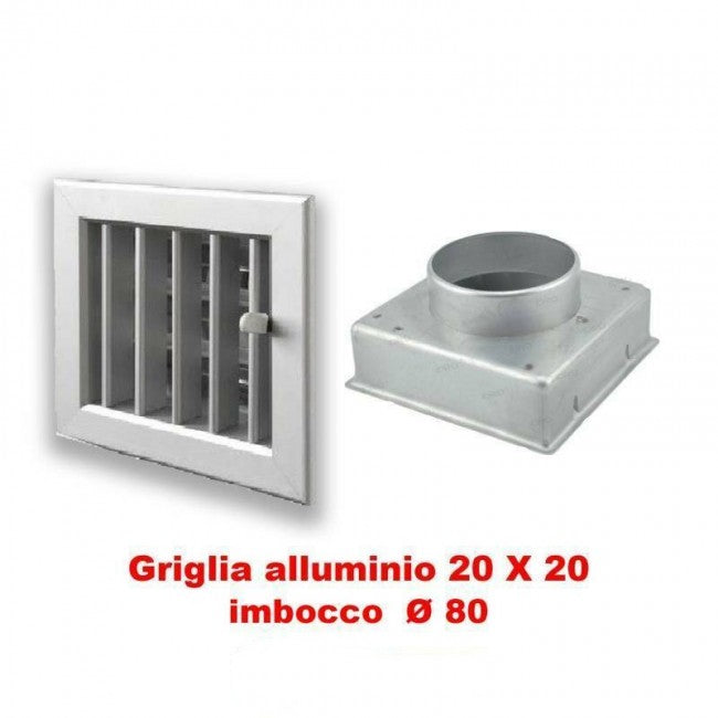 Adjustable aluminum ventilation grille 20x20 cm with D.80 adapter for chimneys