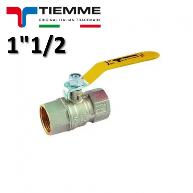 Vanne à bille TORNADO pour gaz, femelle - femelle 1''1/2 ISO7 avec levier plat en acier revêtu de plastique jaune - TIEMME 2380G07