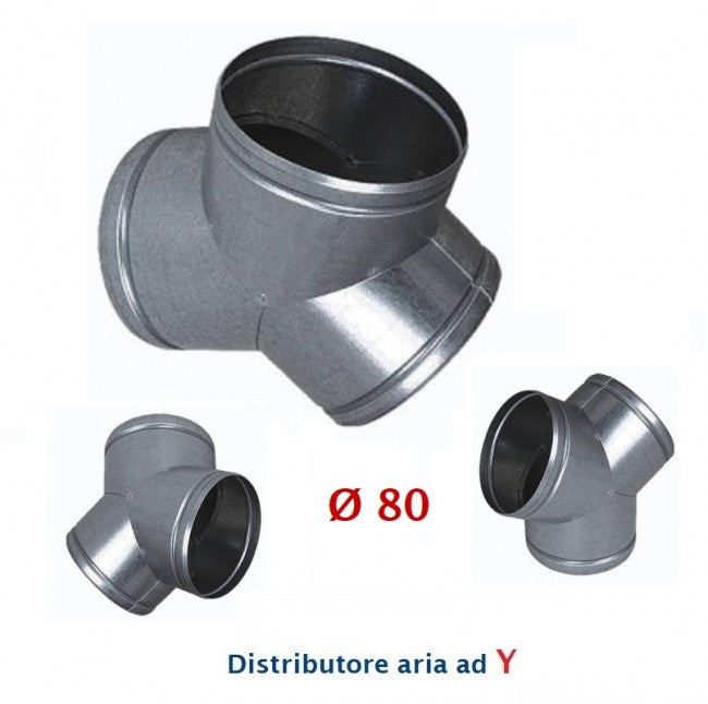 Raccord en Y de diamètre 80 mm. Distributeur d'air chaud, froid et de ventilation.