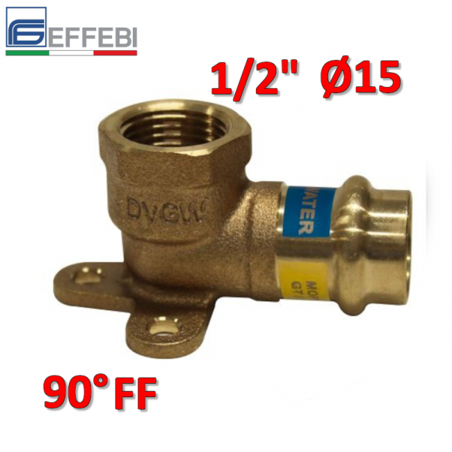Coude en bronze à 90° avec support F 1/2'' x Ø 15 mm - Raccord en cuivre à pression UNIQUE pour eau et gaz