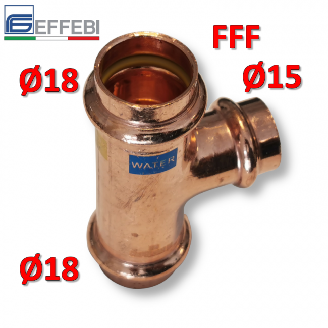 Raccord en T réduit FFF Ø 18x15x18 mm - UNICO cuivre à sertir pour eau et gaz
