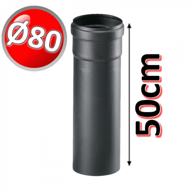 Tuyau linéaire de 50 cm en PP noir Ø 80 mm pour les gaz de combustion des chaudières à condensation