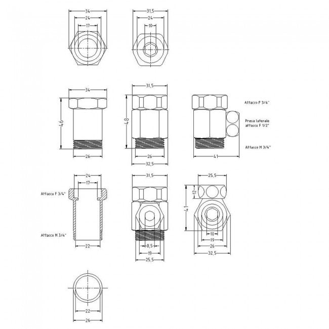 Paire d'entretoises MF 3/4'' x 3/4'' avec capuchons rotatifs, douille femelle 1/2''