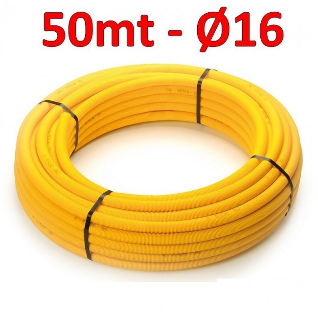 Tuyau à gaz multicouche Ø 16 x 2 mm pré-isolé avec gaine ondulée jaune - rouleau de 50 mètres