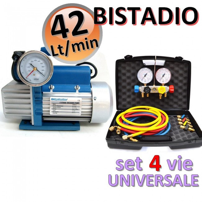 Pompe à vide bi-étagée 42 L + manomètre universel 4 voies