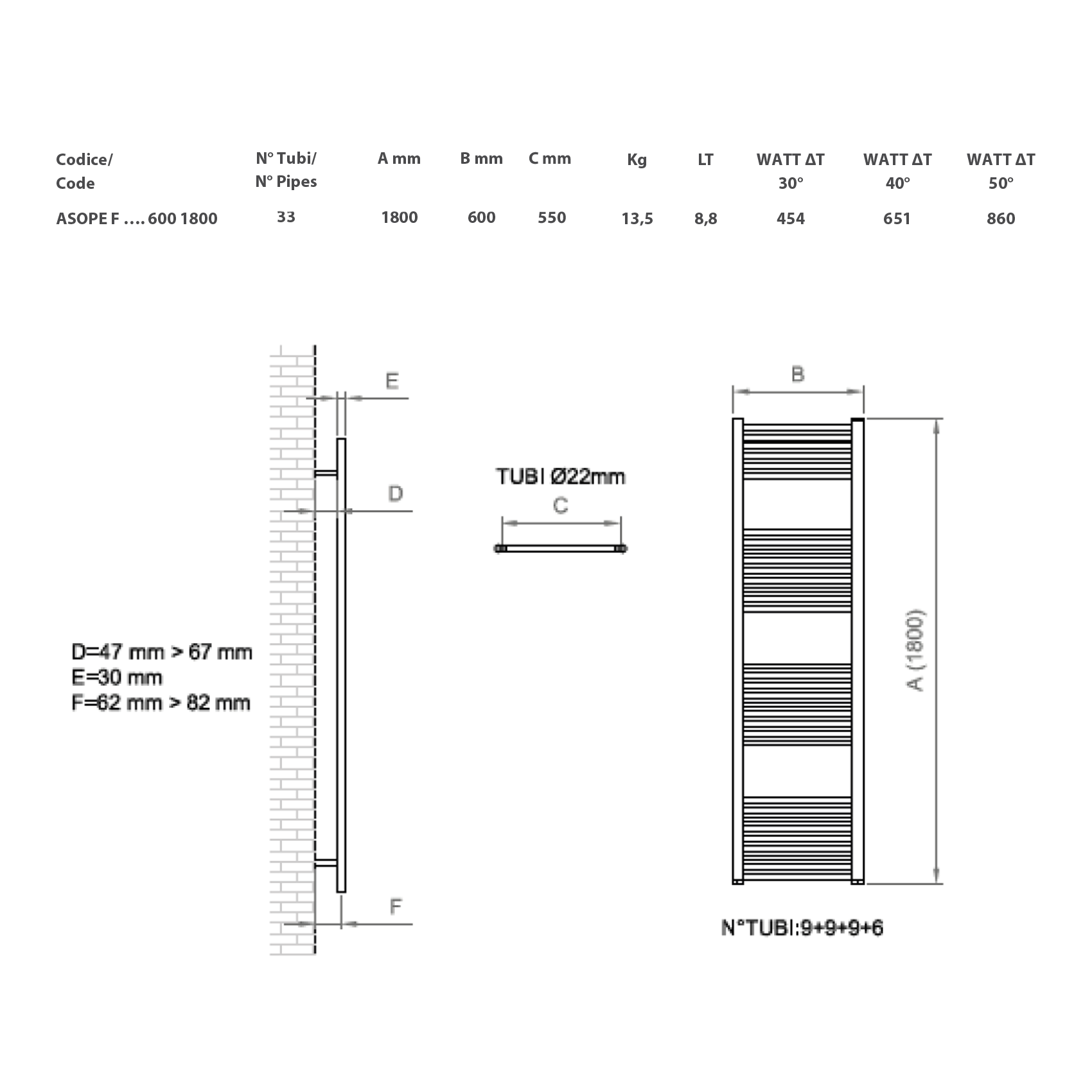 Ercos Opera white heated towel rail 180x60 cm 55 center distance