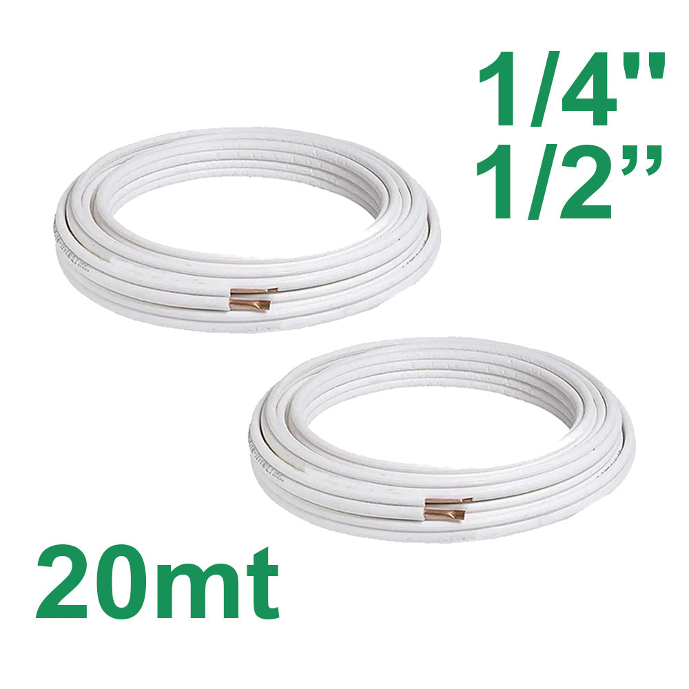 Paire de tuyaux en cuivre isolés de 20 m, 1/4'' et 1/2'', pour la climatisation.