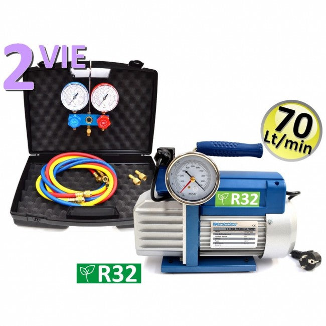 Pompe à vide 70 L homologuée R32 + manomètre universel 2 voies