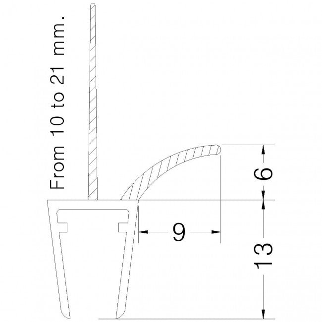 Profilé de joint d'égouttement horizontal pour caisson en verre, aile perpendiculaire mm 6/8, 21 mm