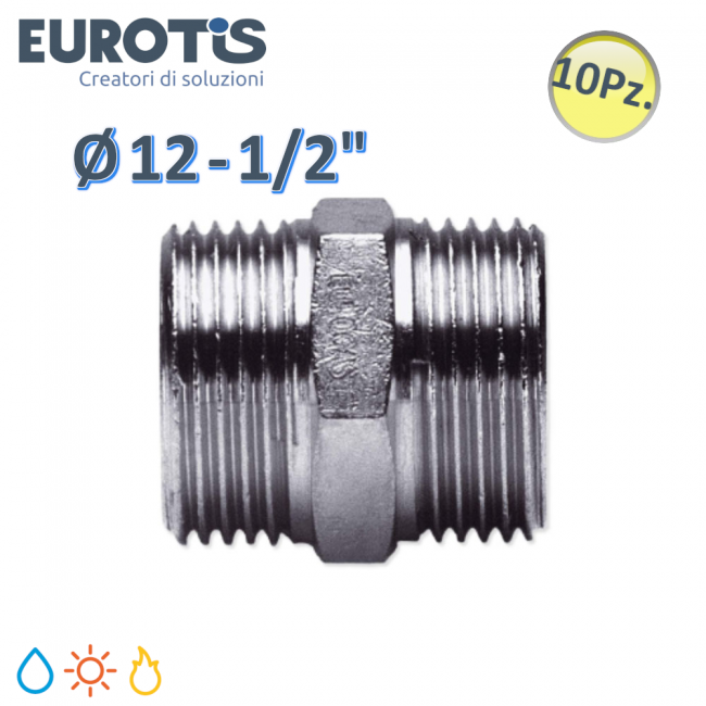 Lot de 10 raccords Ø 12 - 1/2'' M/M en laiton nickelé à extrémité plate pour chauffe-eau solaire et gaz - Eurotis
