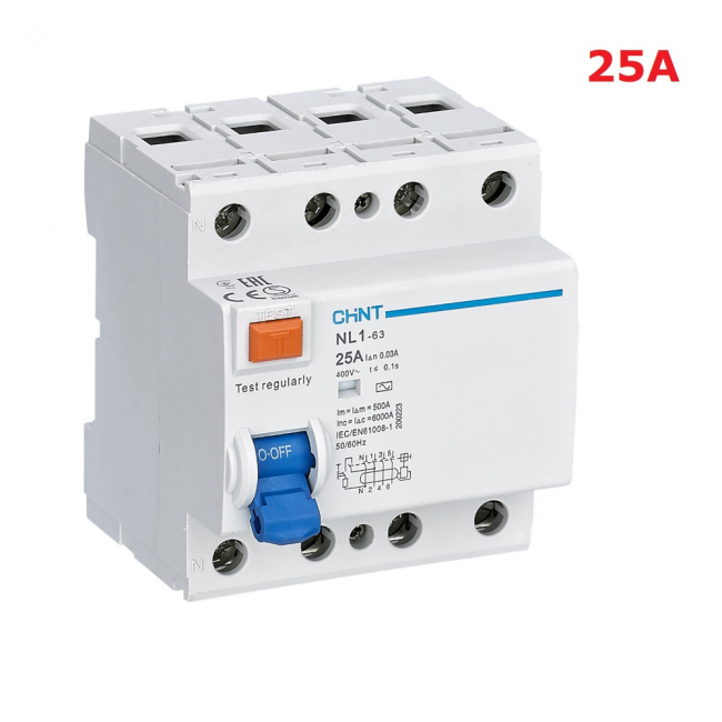 Commutateur différentiel bipolaire pur 4x25 ampères NL1 AC30 6 kA